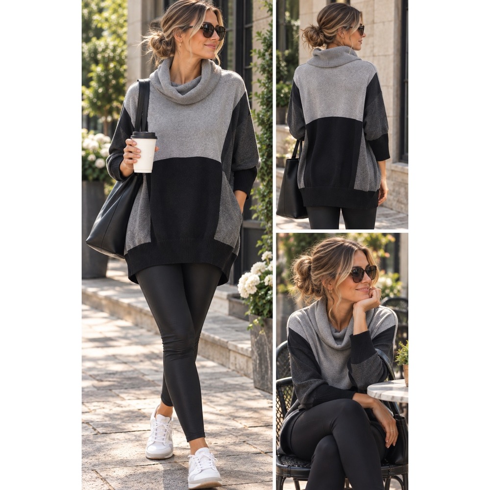NWT Fashion Bug Highland Fling Colorblock Cowl Neck Sweater Grey Black 2X